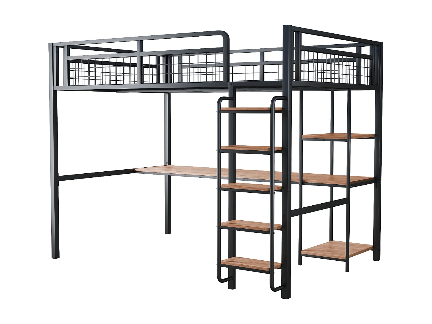 Metall-Hochbett 140x200 cm - mit Schreibtisch und Sicherheitsleiter - Schwarz