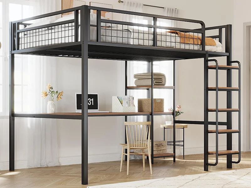 Metall-Hochbett 140x200 cm - mit Schreibtisch und Sicherheitsleiter - Schwarz