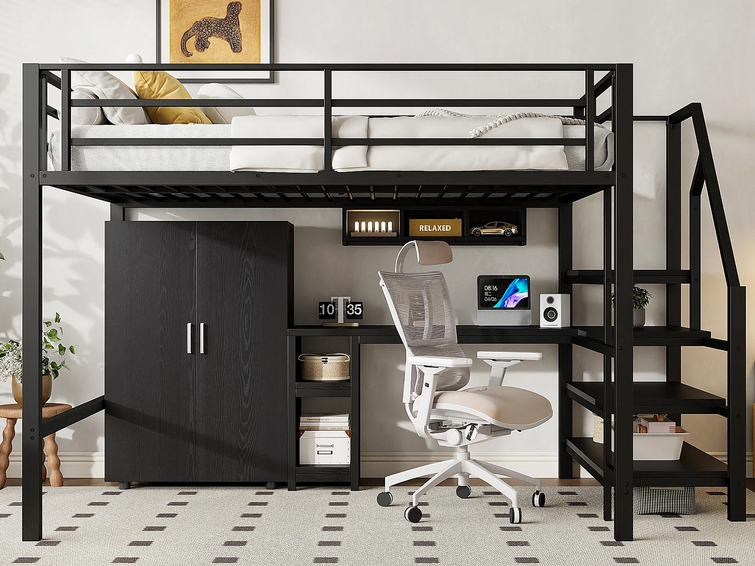 Cama alta em metal 140x200 cm - com secretária, roupeiro e escada de arrumação - Preto