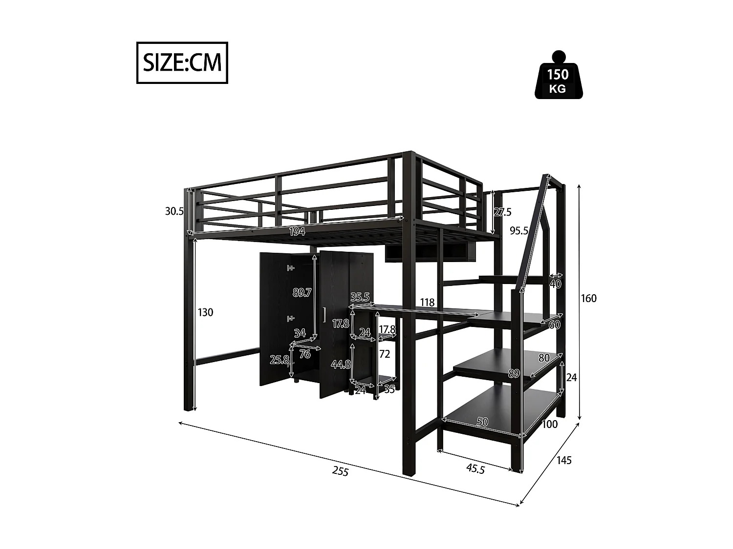 Cama alta em metal 140x200 cm - com secretária, roupeiro e escada de arrumação - Preto