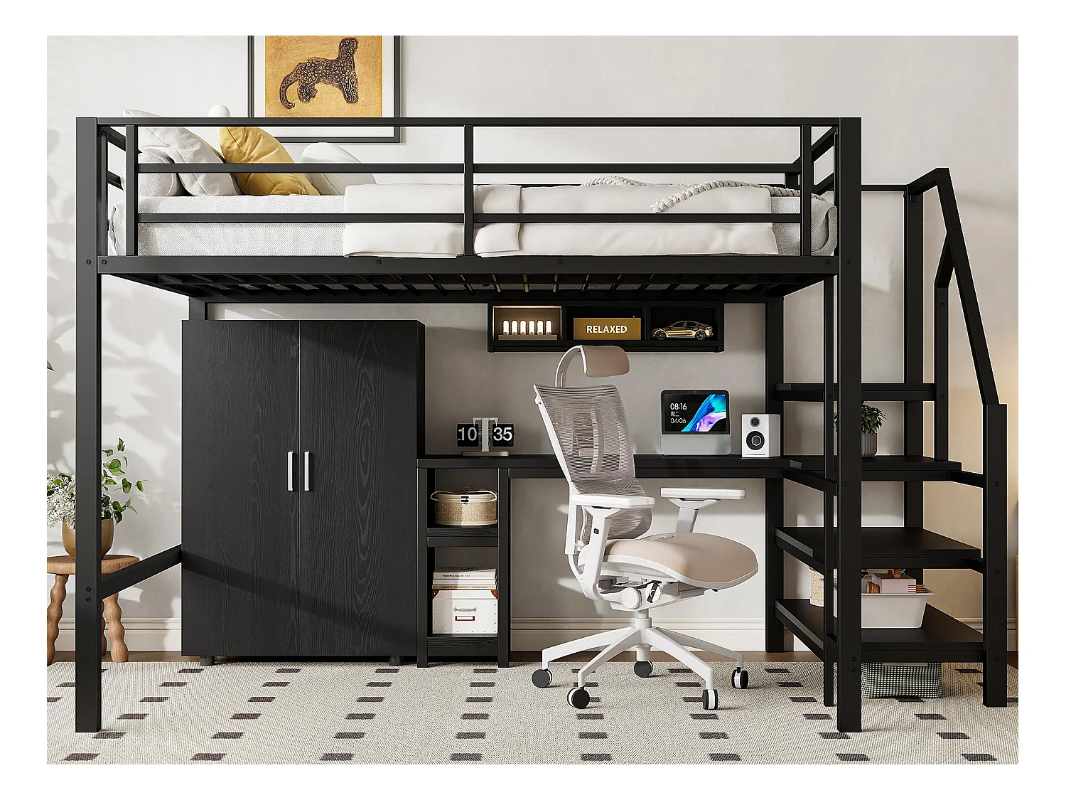 Lit mezzanine 140x200 cm en métal - avec bureau、penderie et échelle de rangement - Noir
