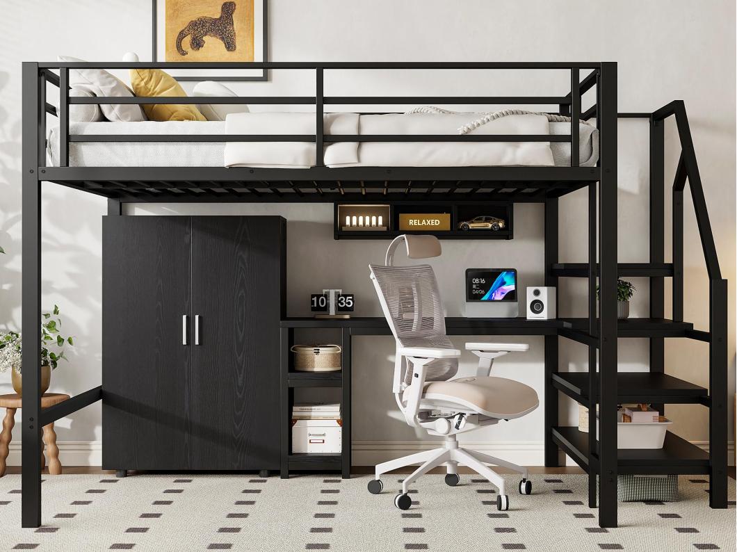 Hoogslaper van metaal 140x200 cm - met bureau, kledingkast en opbergladder - Zwart