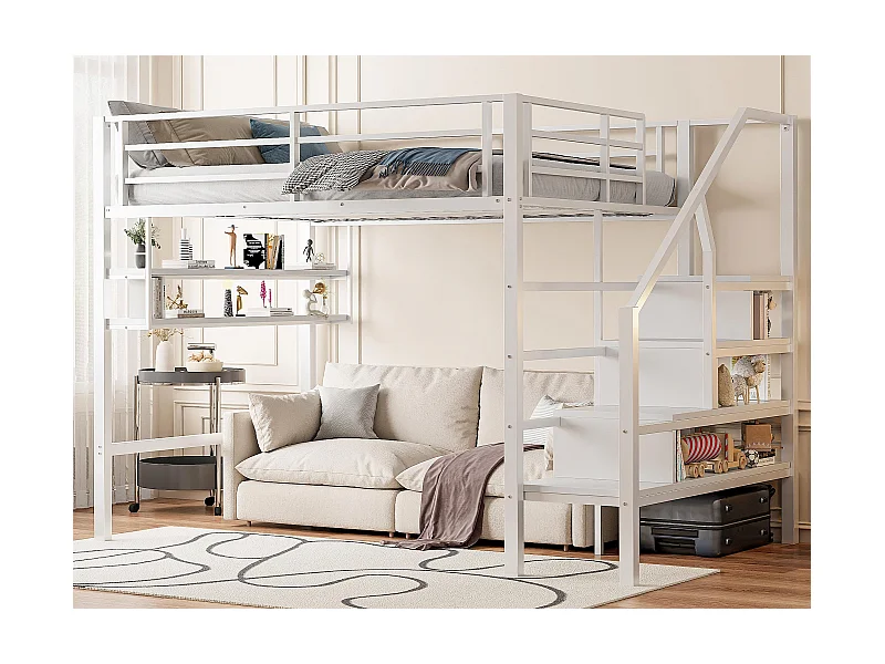 Lit mezzanine 140x200 cm en métal - avec étagère et échelle de rangement - Blanc