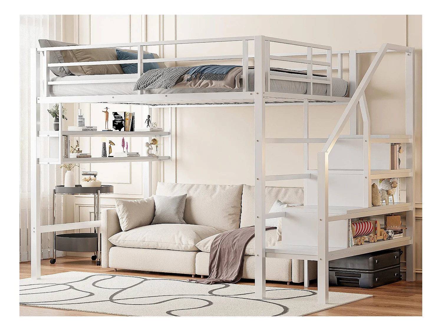 Hoogslaper van metaal 140x200 cm - met plank en opbergladder - Wit