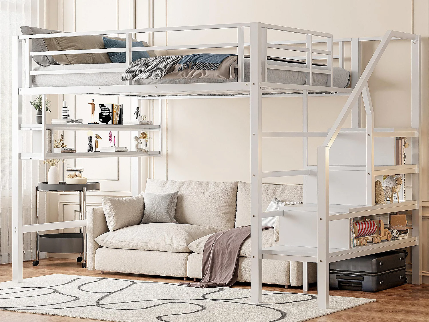 Lit mezzanine 140x200 cm en métal - avec étagère et échelle de rangement - Blanc