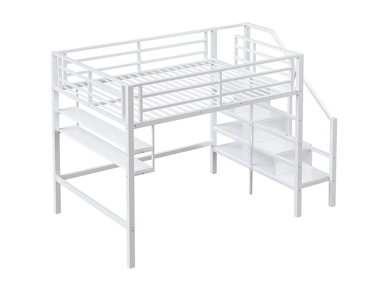 Lit mezzanine 140x200 cm en métal - avec étagère et échelle de rangement - Blanc