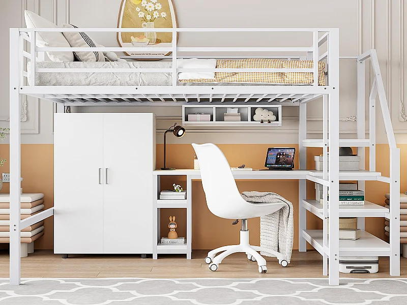 Cama alta de metal de 140x200 cm - con escritorio, armario y escalera de almacenaje - Blanco