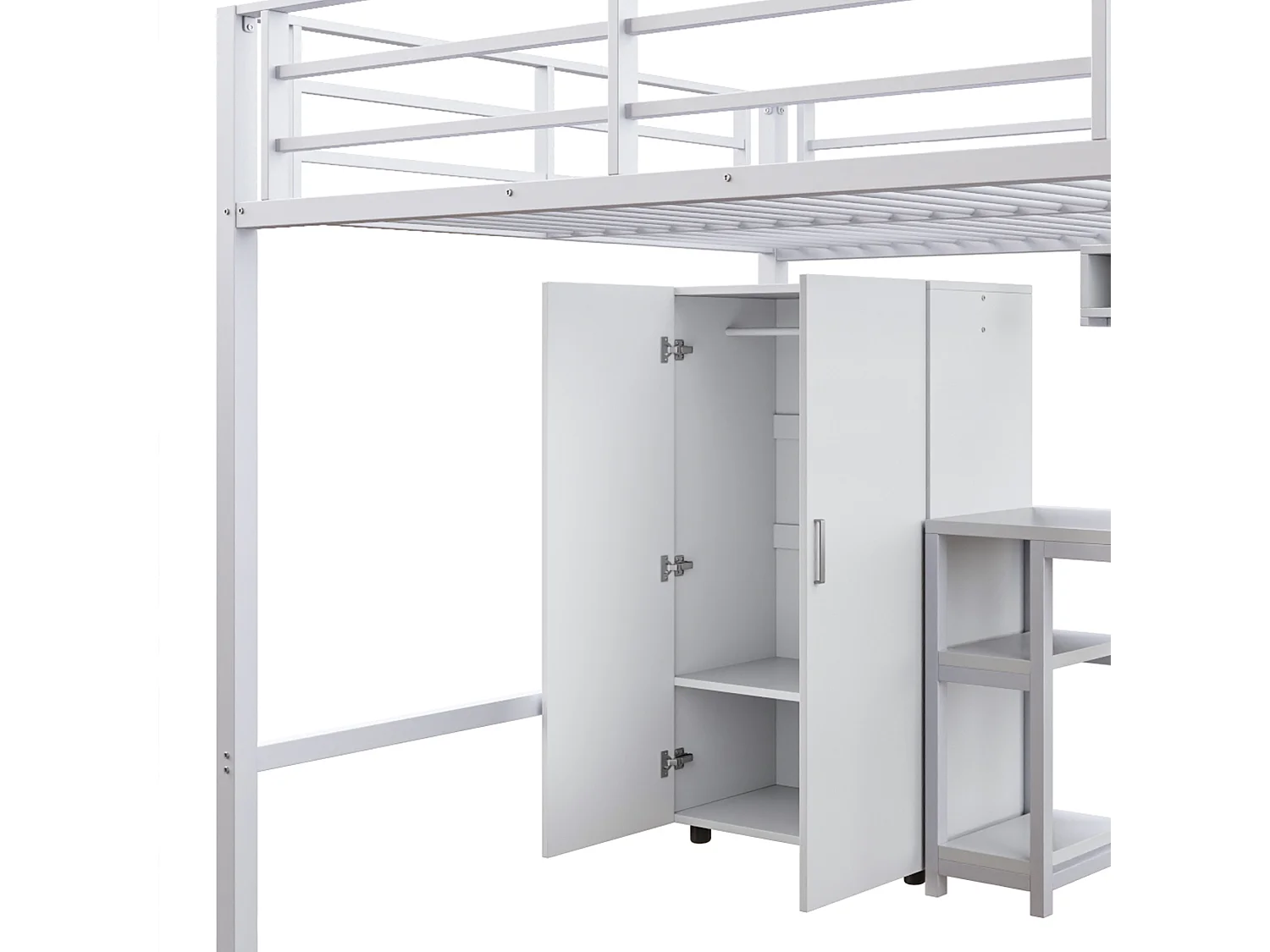 Cama alta em metal 140x200 cm - com secretária, roupeiro e escada de arrumação - Branco