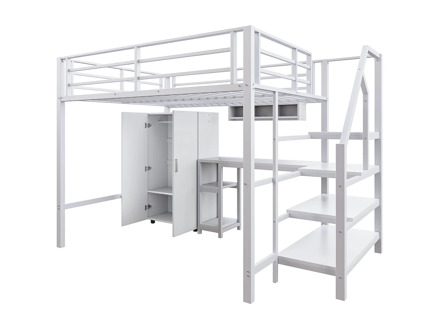 Cama alta em metal 140x200 cm - com secretária, roupeiro e escada de arrumação - Branco