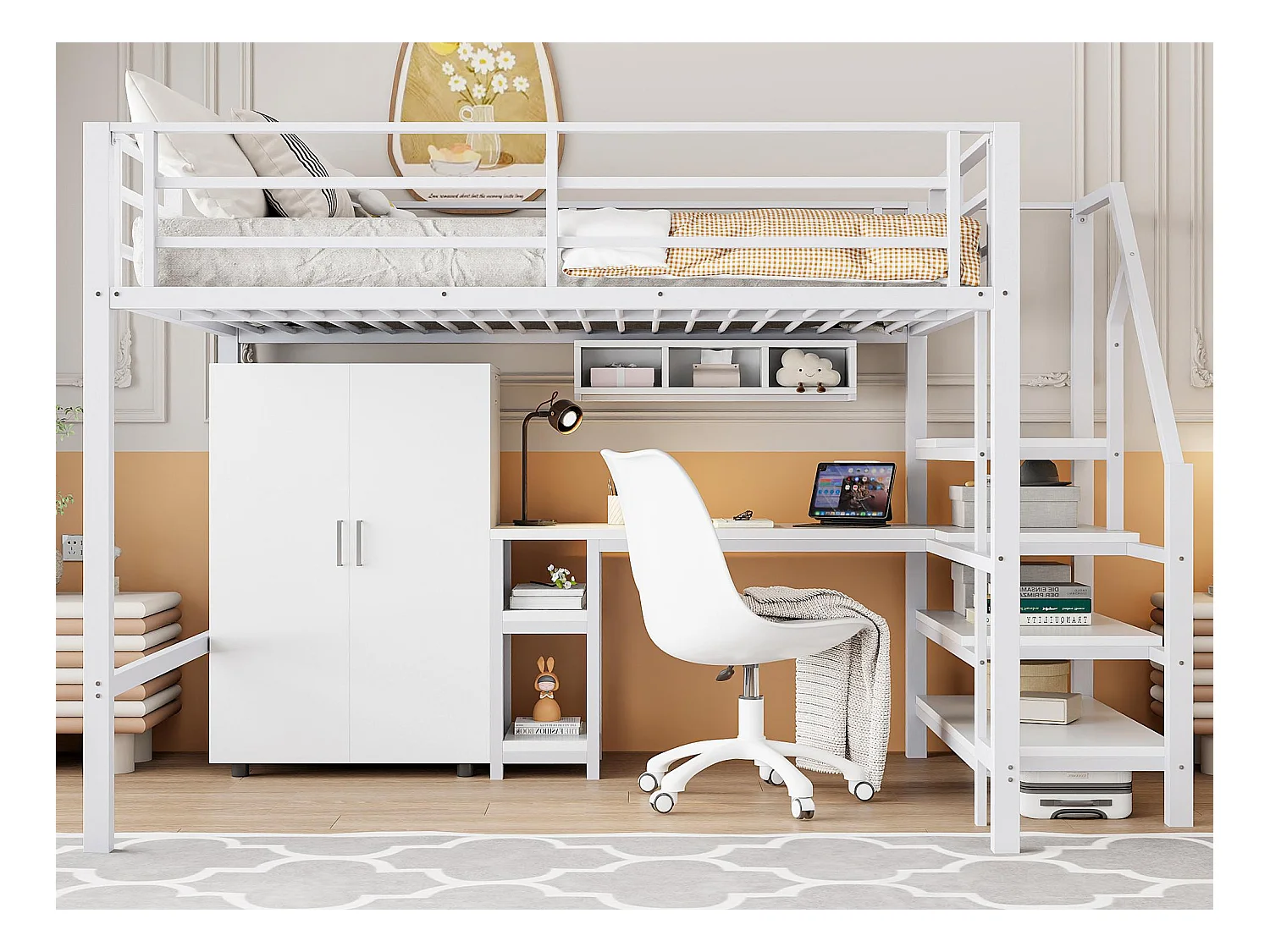 Lit mezzanine 140x200 cm en métal - avec bureau、penderie et échelle de rangement - Blanc