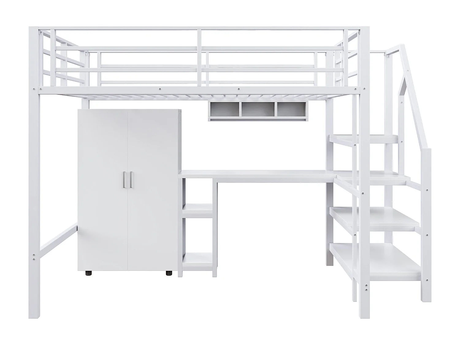 Cama alta de metal de 140x200 cm - con escritorio, armario y escalera de almacenaje - Blanco