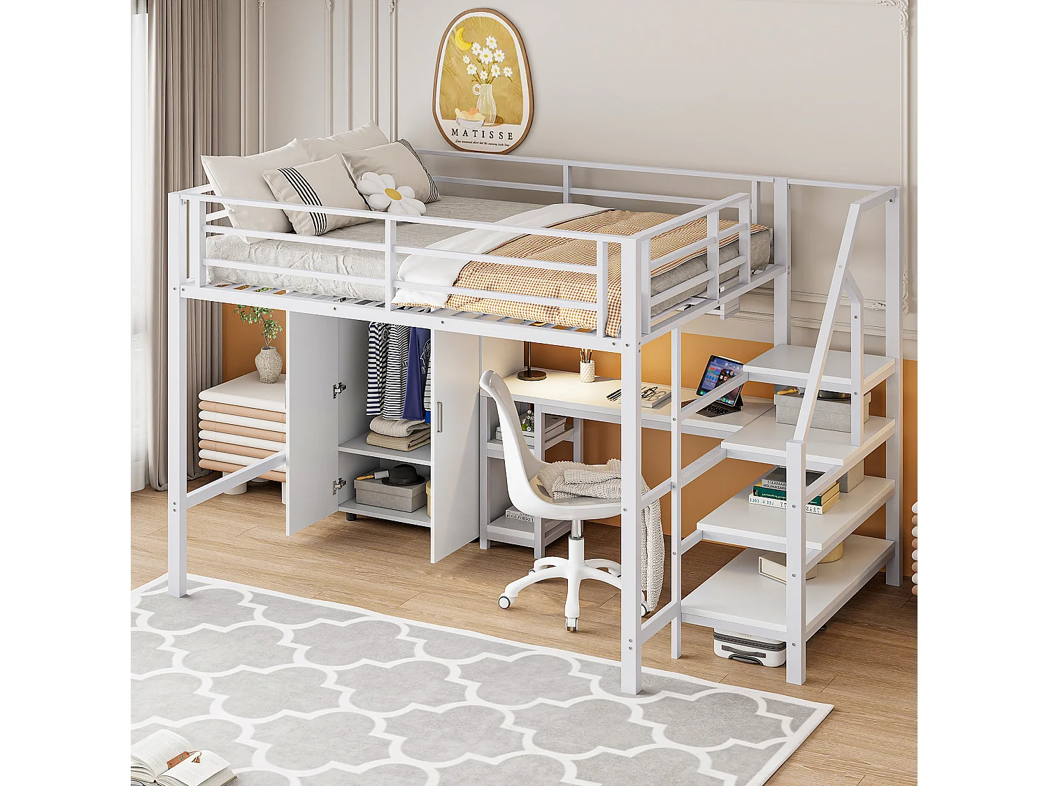 Cama alta de metal de 140x200 cm - con escritorio, armario y escalera de almacenaje - Blanco