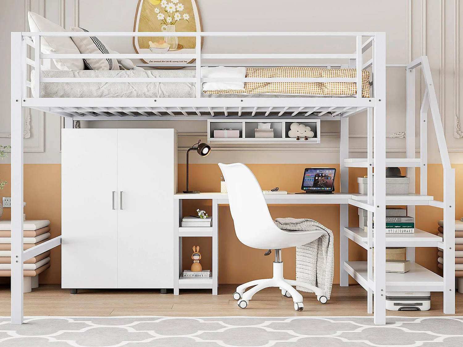 Hoogslaper van metaal 140x200 cm - met bureau, kledingkast en opbergladder - Wit