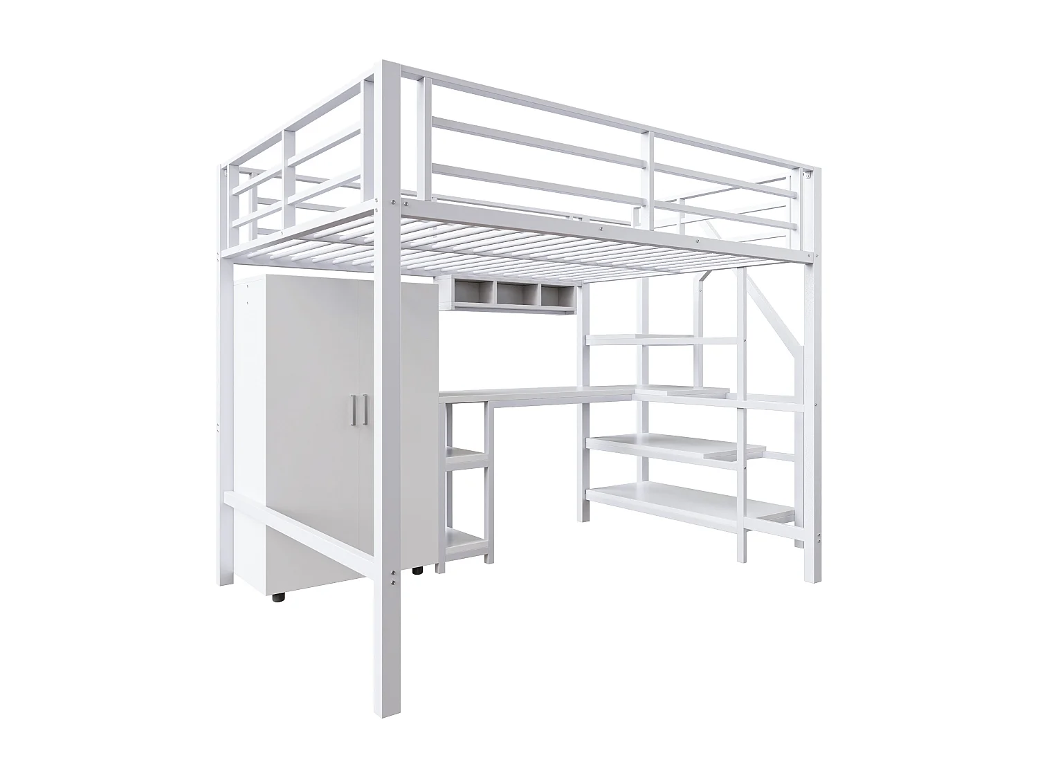 Hoogslaper van metaal 140x200 cm - met bureau, kledingkast en opbergladder - Wit