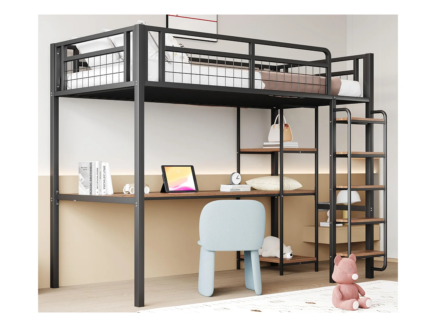 Lit mezzanine en métal 90x200 cm - avec bureau et échelle de sécurité - Noir