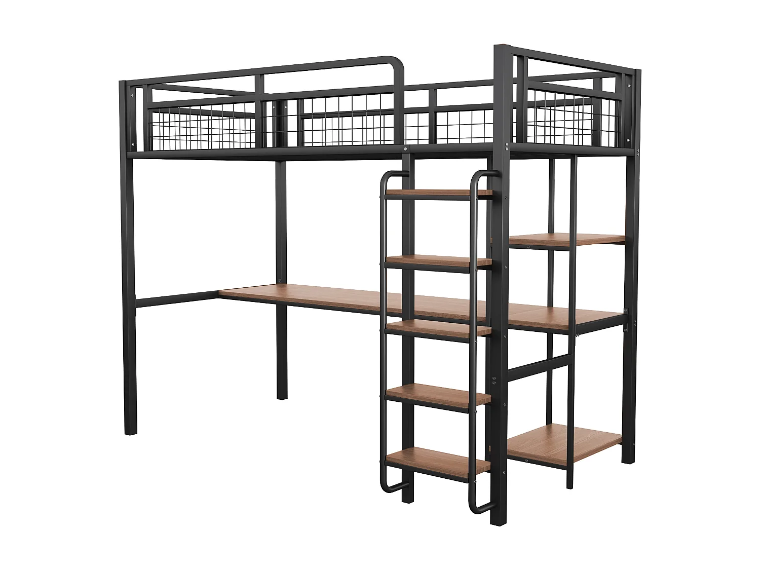 Łóżko mezzanine metalowe 90x200 cm - z biurkiem i drabiną bezpieczeństwa - Czarne