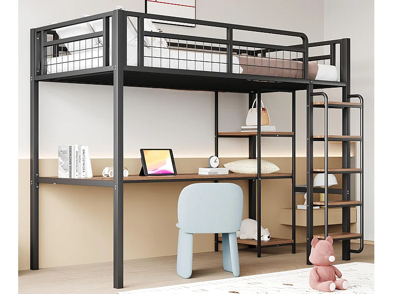 Łóżko mezzanine metalowe 90x200 cm - z biurkiem i drabiną bezpieczeństwa - Czarne