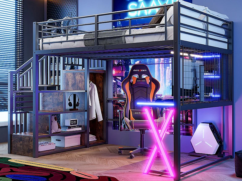 Lit mezzanine 140x200cm avec LED - bureau + penderie + échelle de rangement - Noir