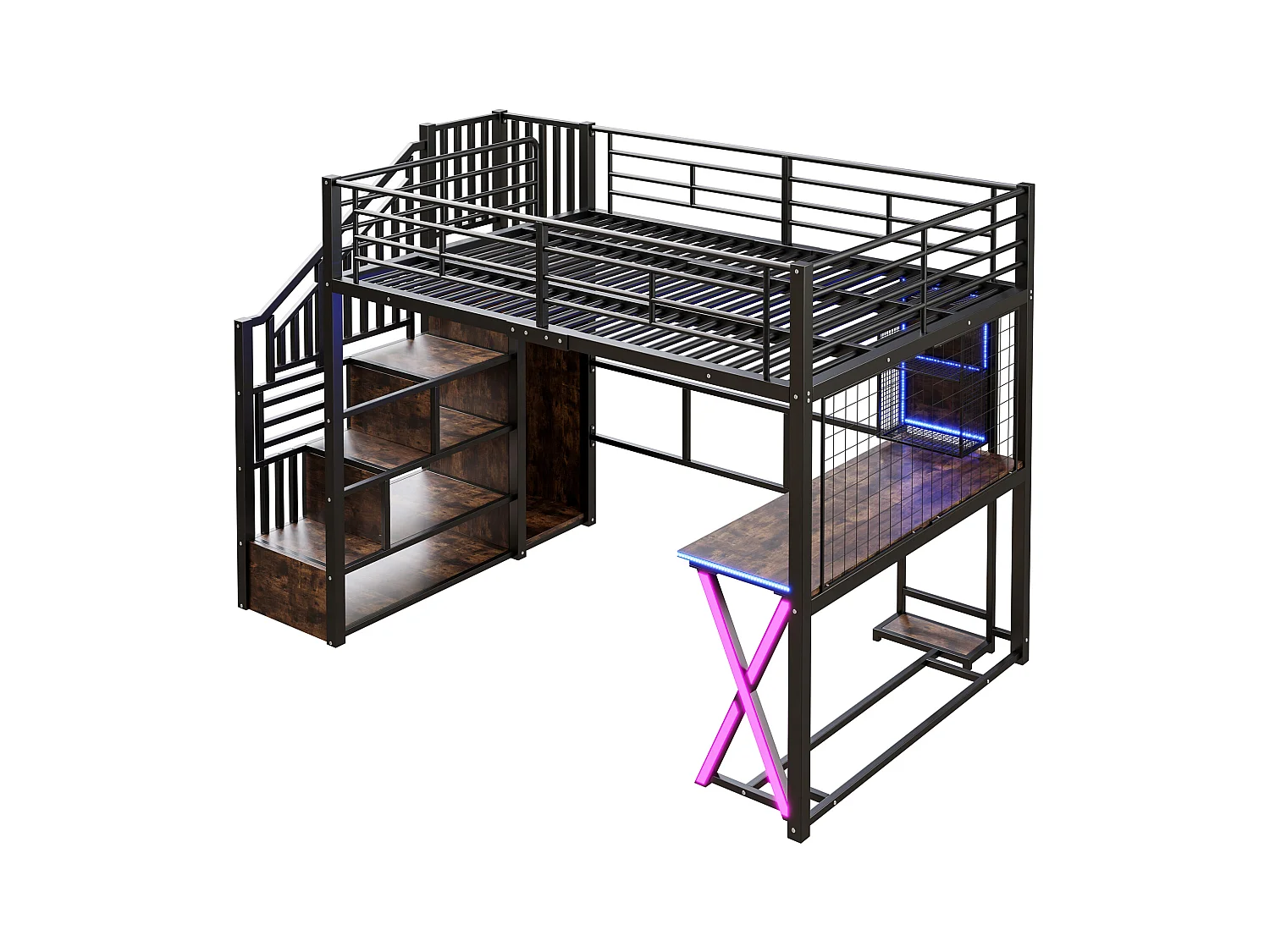 140x200cm Hochbett mit LED - Schreibtisch + Kleiderschrank + Stauraumleiter - Schwarz