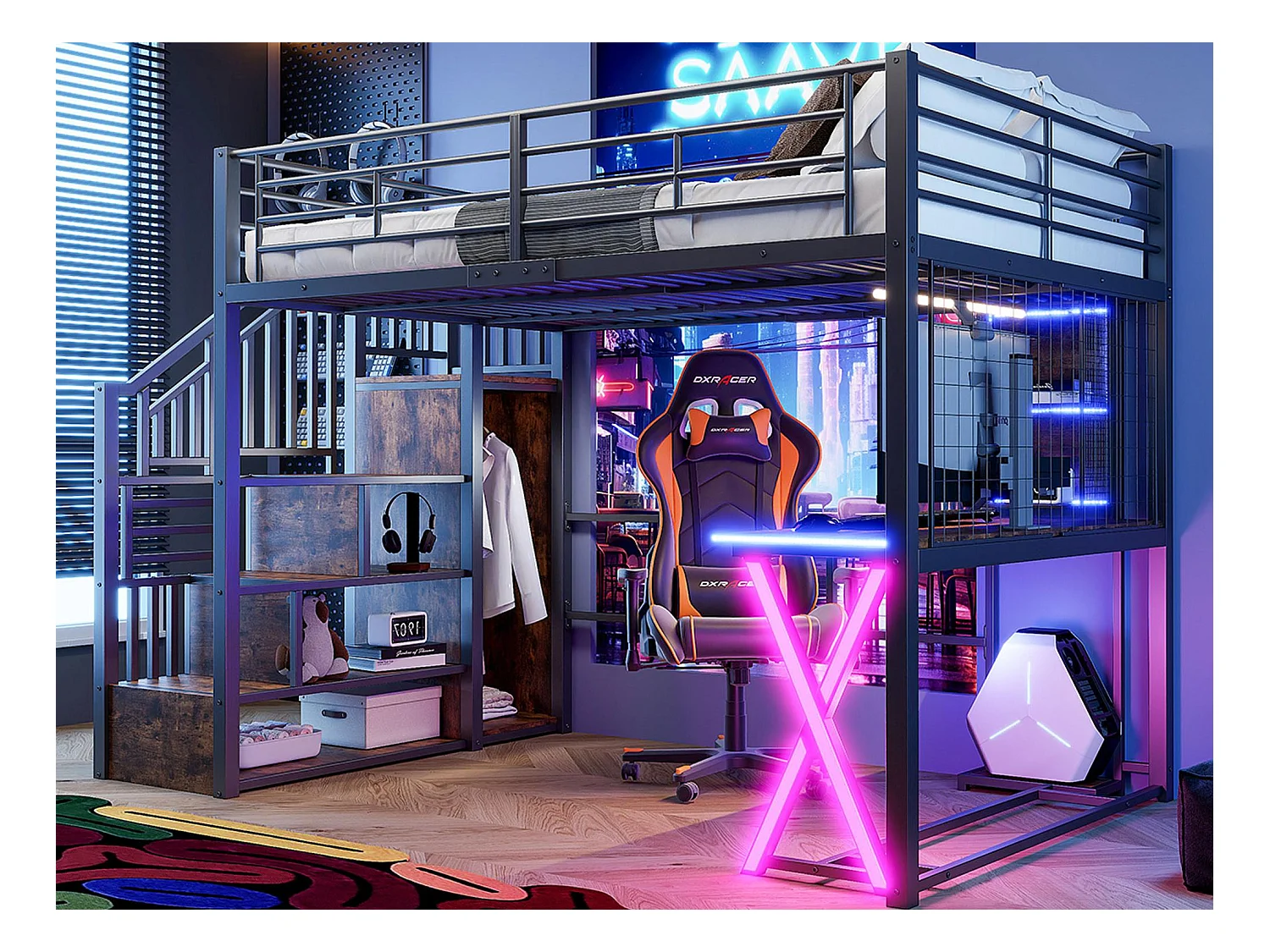 Lit mezzanine 140x200cm avec LED - bureau + penderie + échelle de rangement - Noir