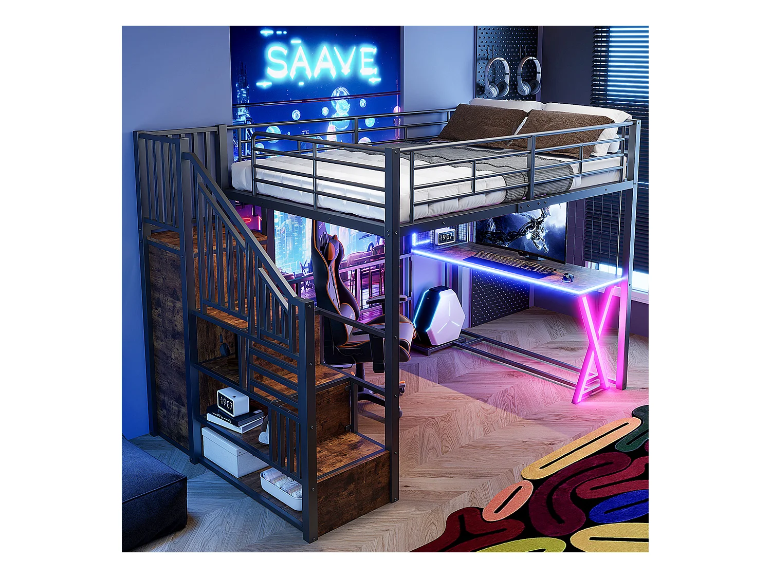 Lit mezzanine 140x200cm avec LED - bureau + penderie + échelle de rangement - Noir