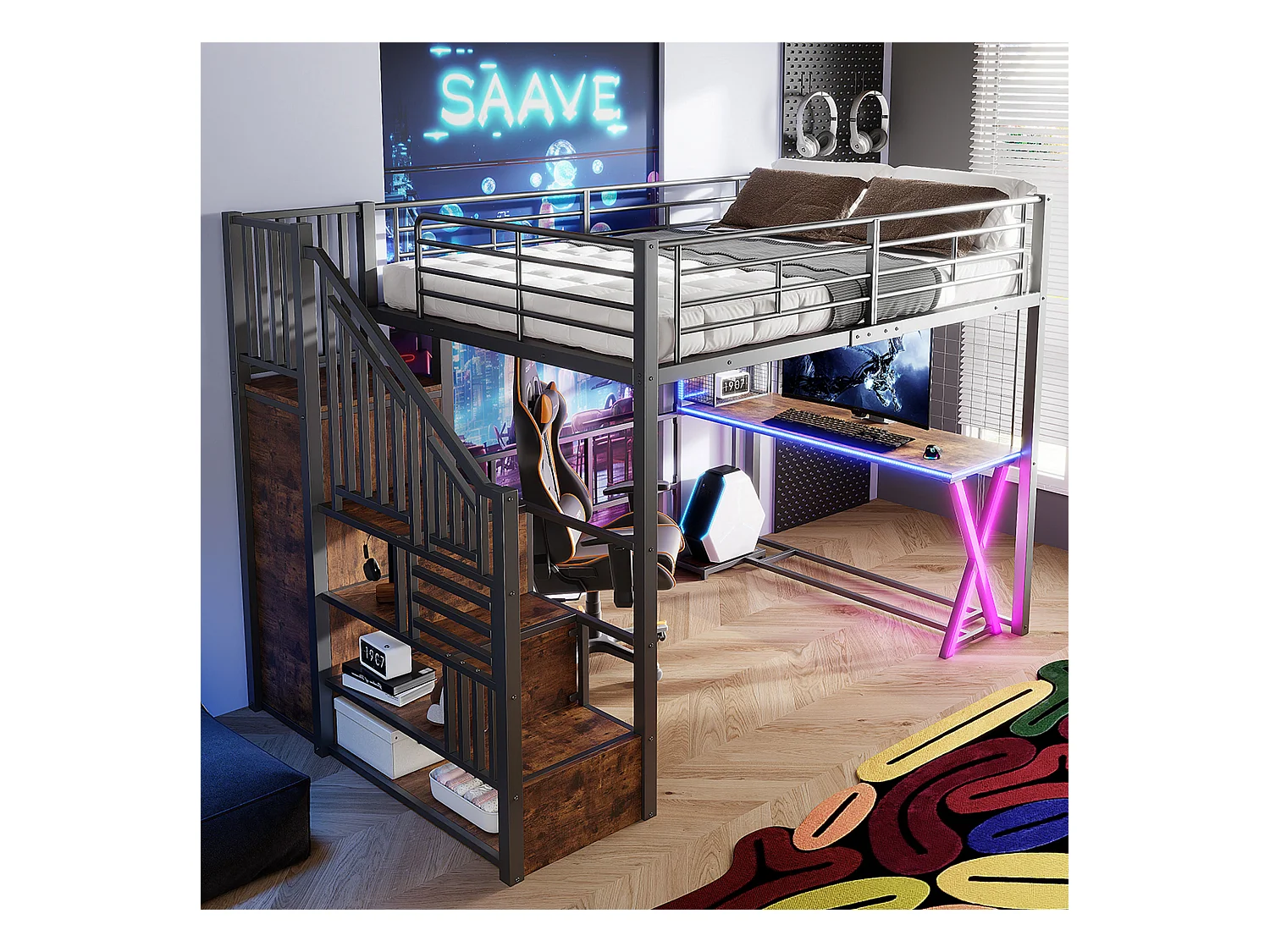 Lit mezzanine 140x200cm avec LED - bureau + penderie + échelle de rangement - Noir
