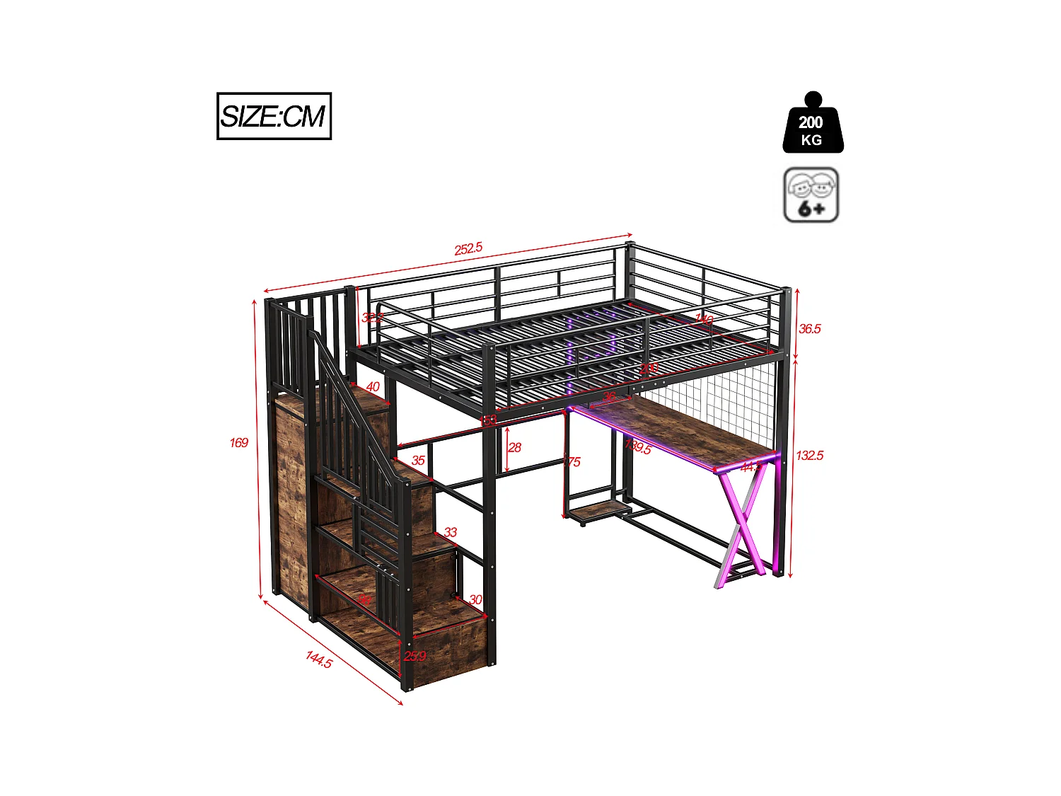 Lit mezzanine 140x200cm avec LED - bureau + penderie + échelle de rangement - Noir