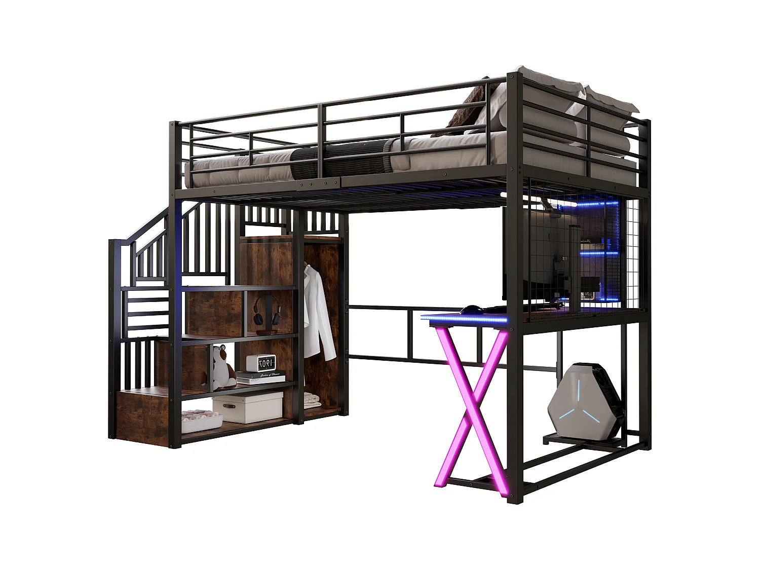 Lit mezzanine 140x200cm avec LED - bureau + penderie + échelle de rangement - Noir