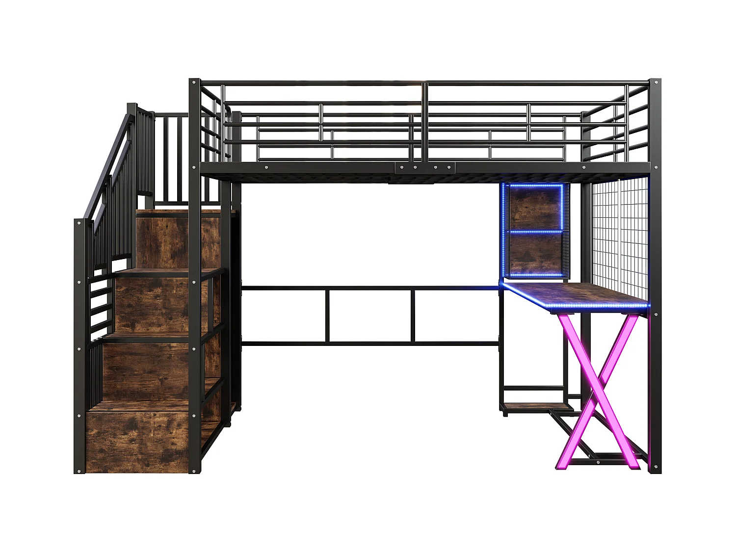 Lit mezzanine 140x200cm avec LED - bureau + penderie + échelle de rangement - Noir