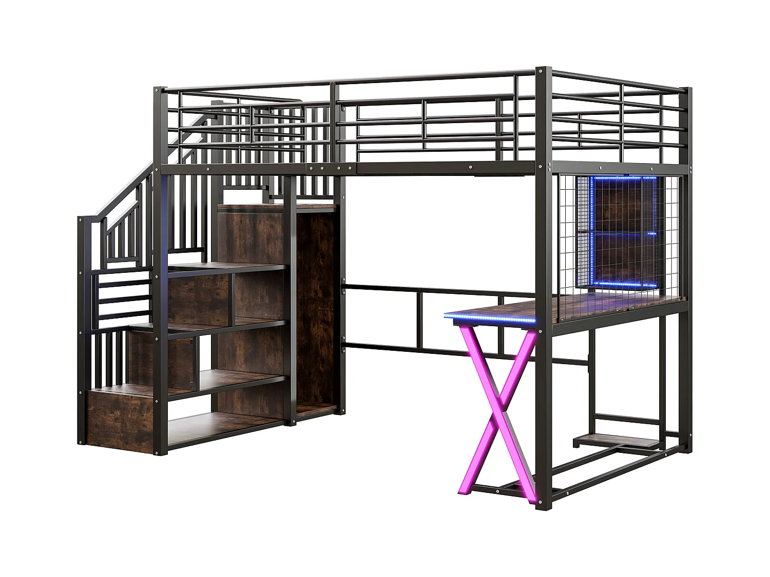 Lit mezzanine 140x200cm avec LED - bureau + penderie + échelle de rangement - Noir