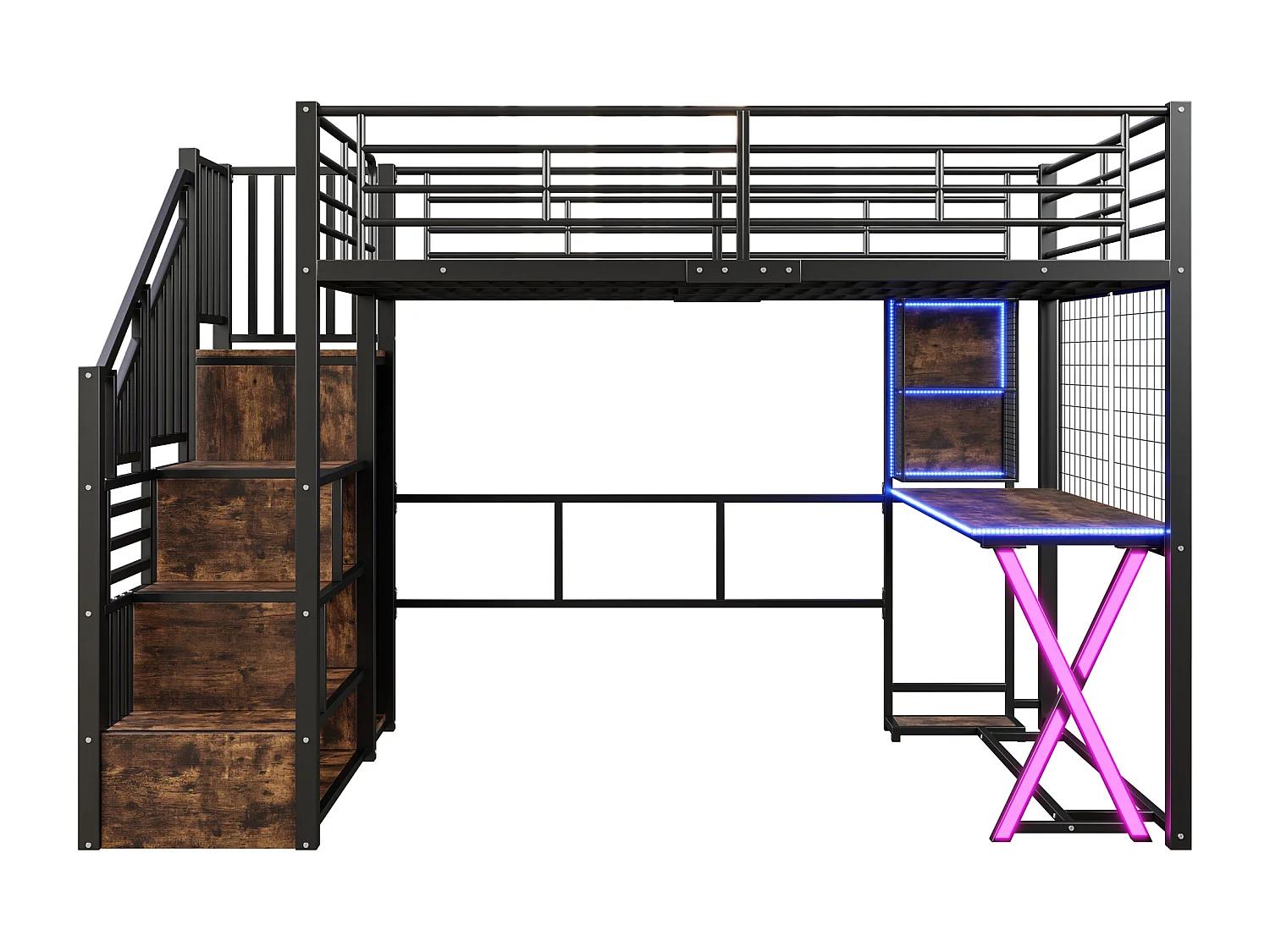 Hoogslaper 140x200cm met LED - bureau + kledingkast + opbergladder - Zwart