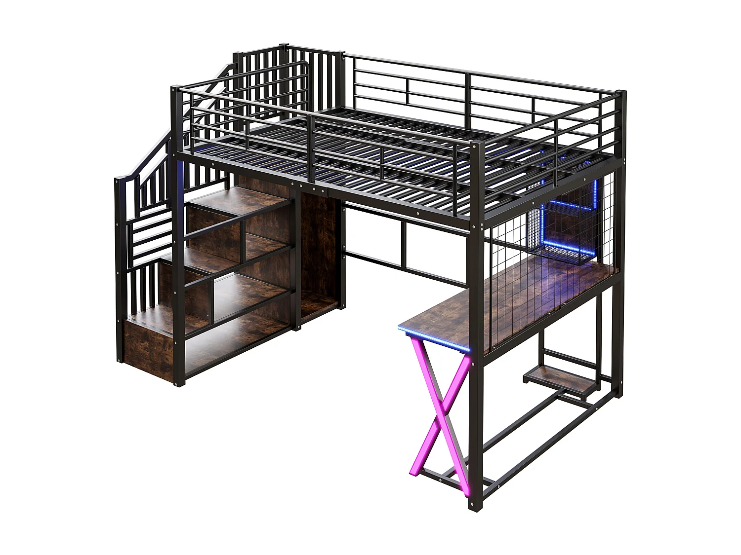 Hoogslaper 140x200cm met LED - bureau + kledingkast + opbergladder - Zwart