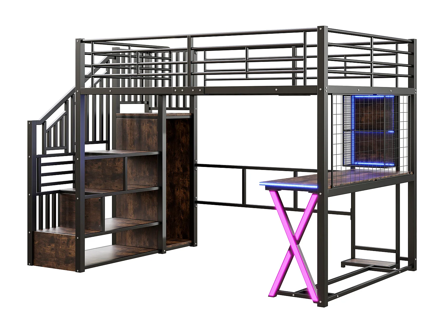 Hoogslaper 140x200cm met LED - bureau + kledingkast + opbergladder - Zwart