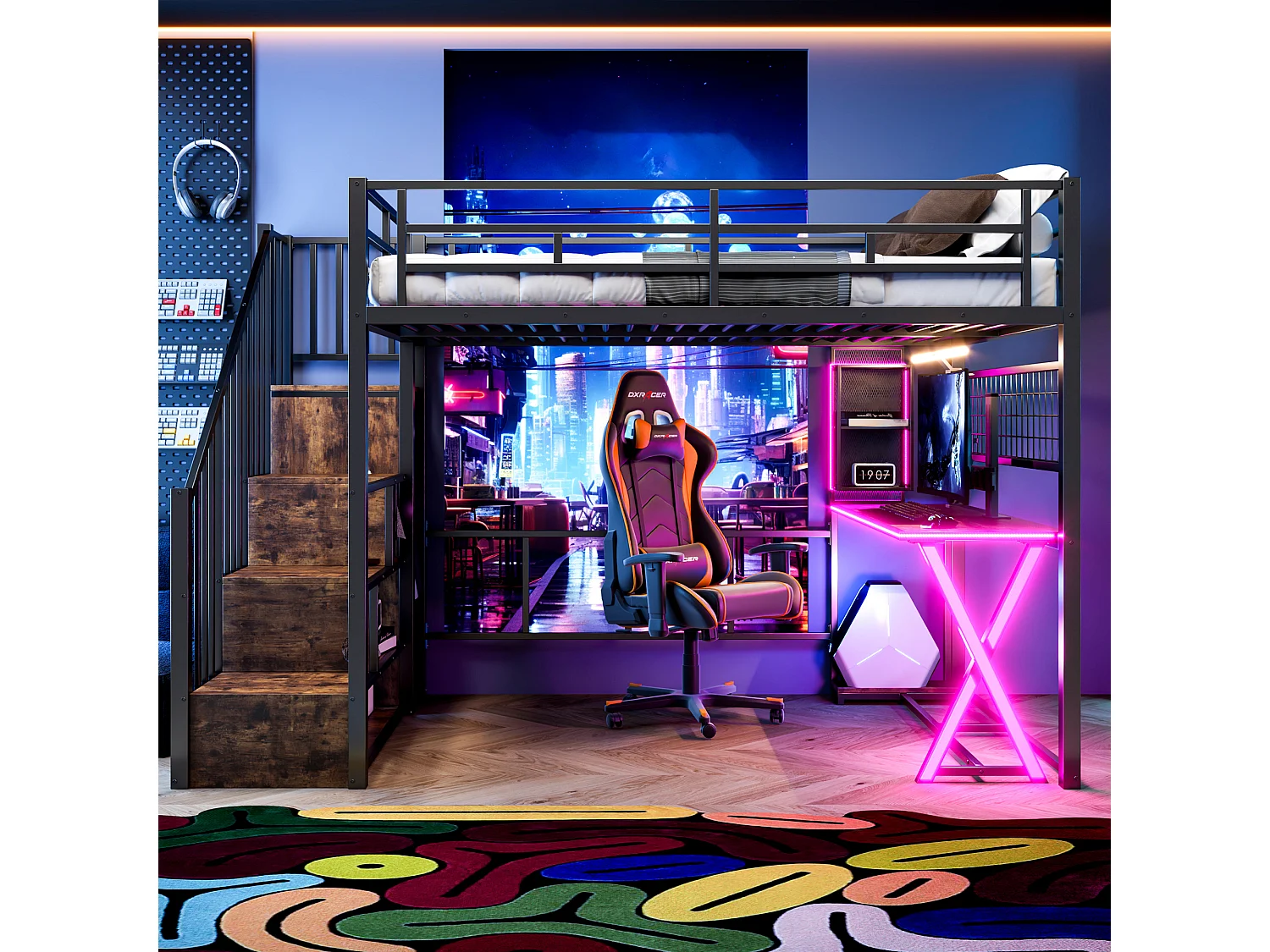 Lit mezzanine 140x200cm avec LED - bureau + penderie + échelle de rangement - Noir