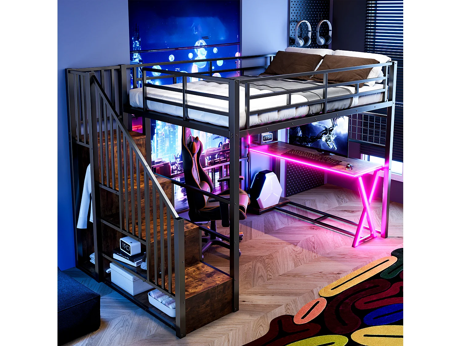 Lit mezzanine 140x200cm avec LED - bureau + penderie + échelle de rangement - Noir