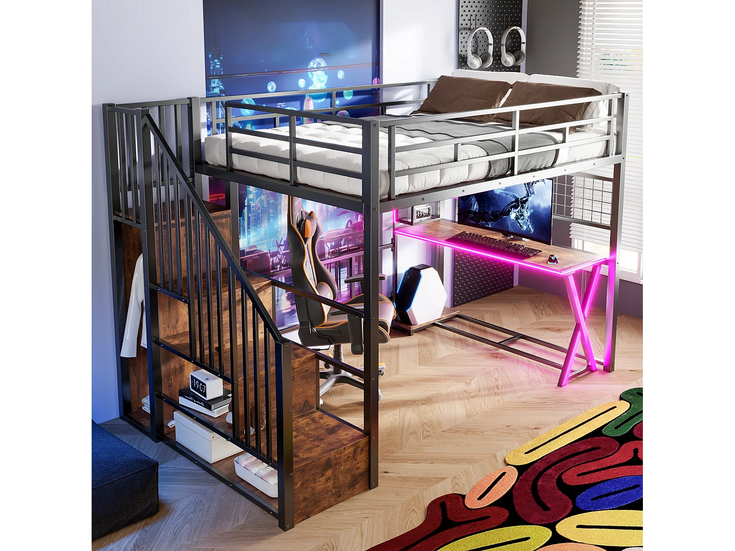 Lit mezzanine 140x200cm avec LED - bureau + penderie + échelle de rangement - Noir