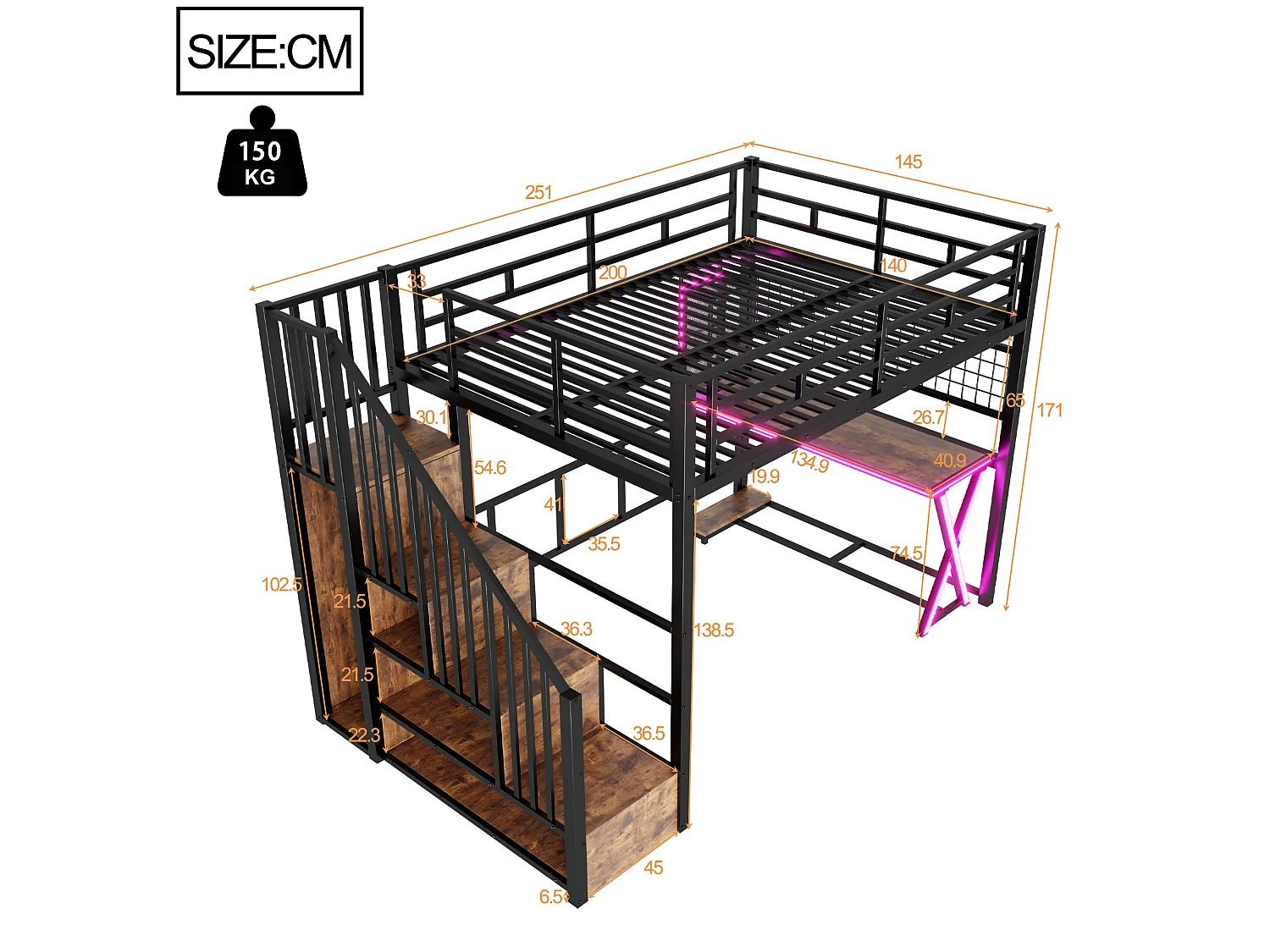 Lit mezzanine 140x200cm avec LED - bureau + penderie + échelle de rangement - Noir