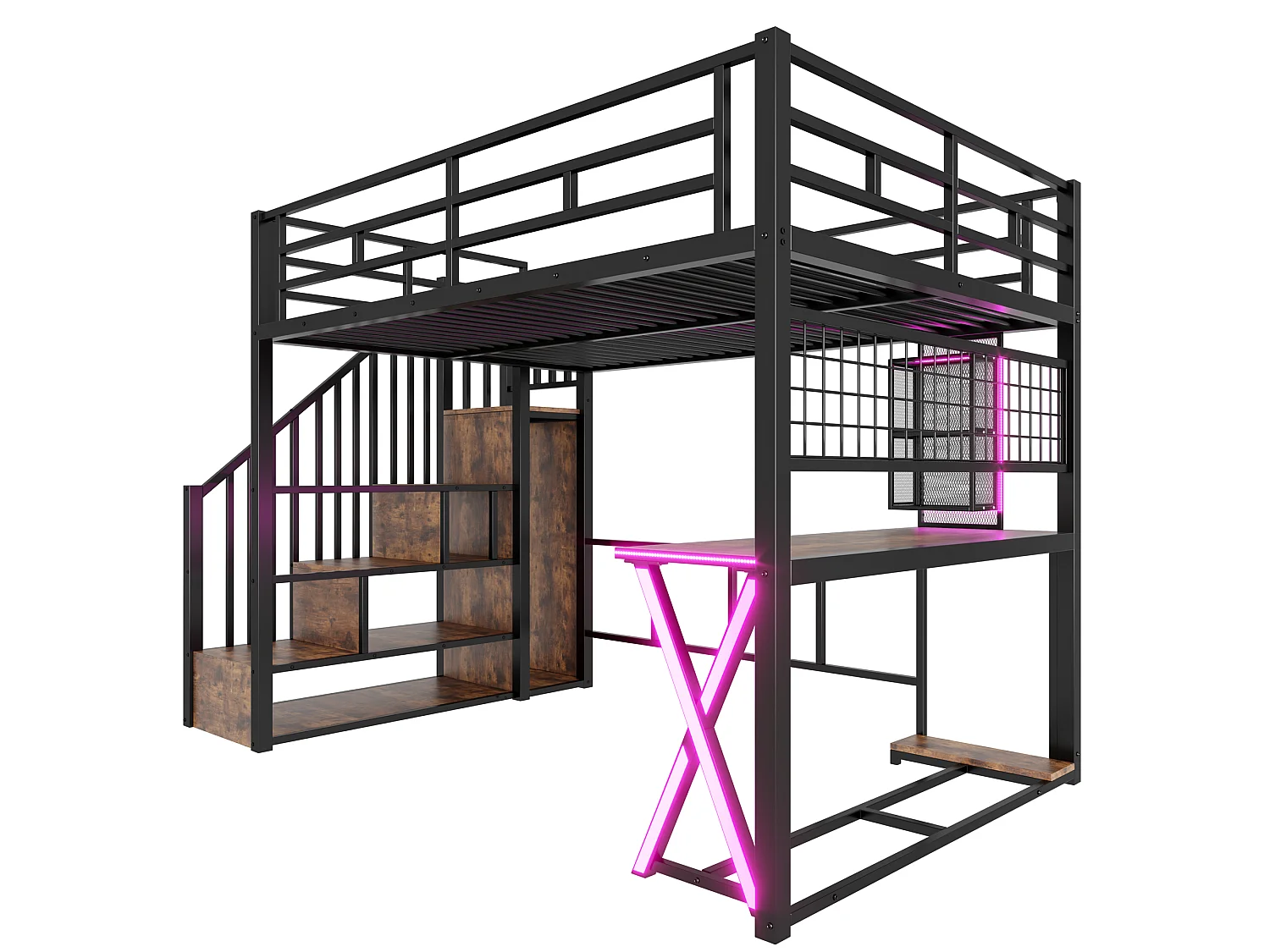 Lit mezzanine 140x200cm avec LED - bureau + penderie + échelle de rangement - Noir