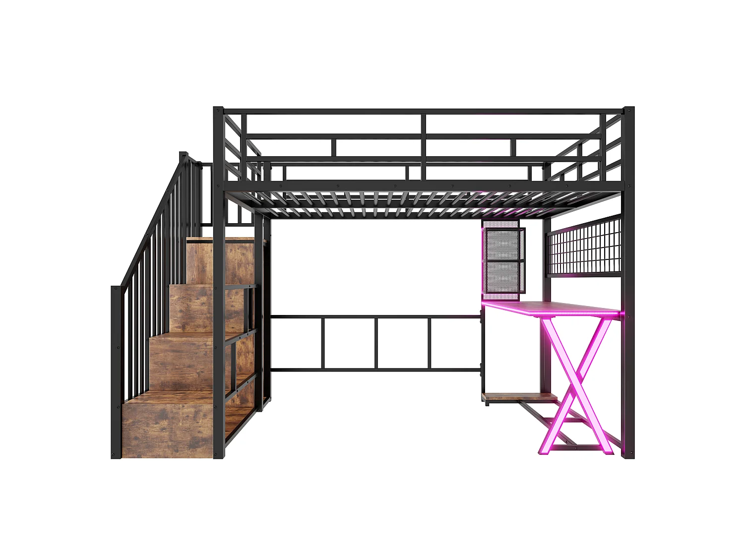 Lit mezzanine 140x200cm avec LED - bureau + penderie + échelle de rangement - Noir
