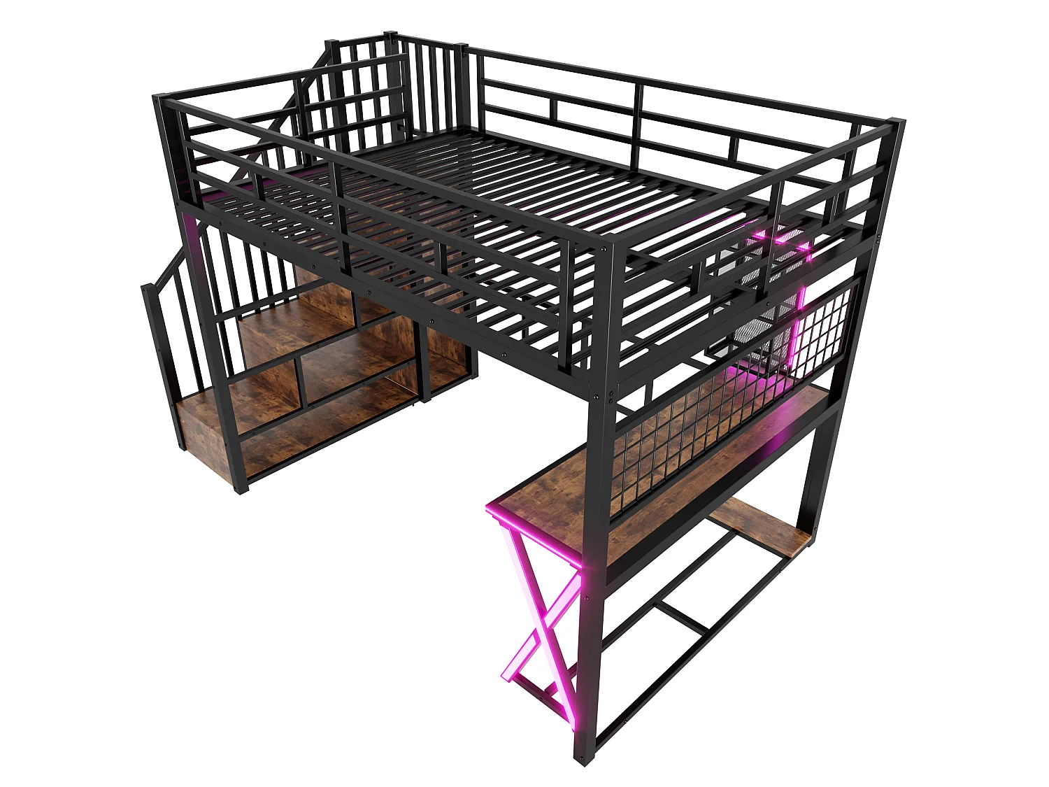 Lit mezzanine 140x200cm avec LED - bureau + penderie + échelle de rangement - Noir