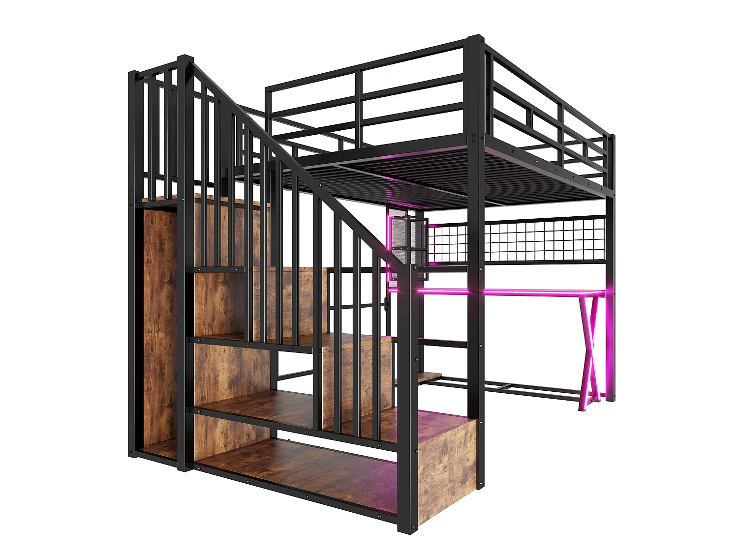 Lit mezzanine 140x200cm avec LED - bureau + penderie + échelle de rangement - Noir