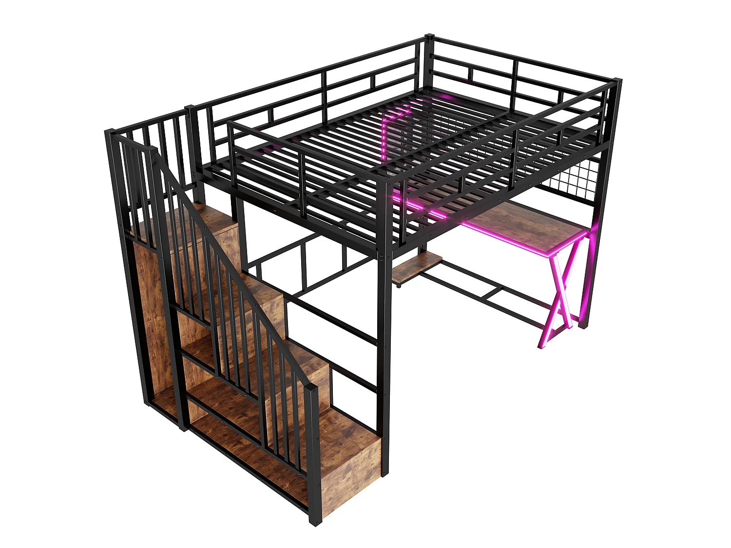 Lit mezzanine 140x200cm avec LED - bureau + penderie + échelle de rangement - Noir