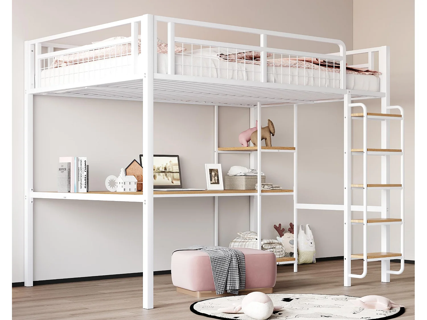 Cama alta de metal 140x200 cm - con escritorio y escalera de seguridad - Blanco