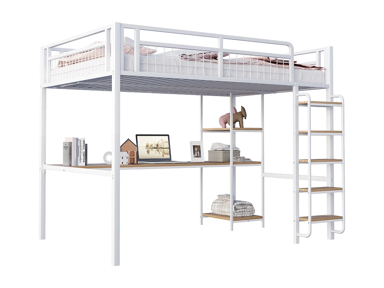 Cama alta de metal 140x200 cm - con escritorio y escalera de seguridad - Blanco
