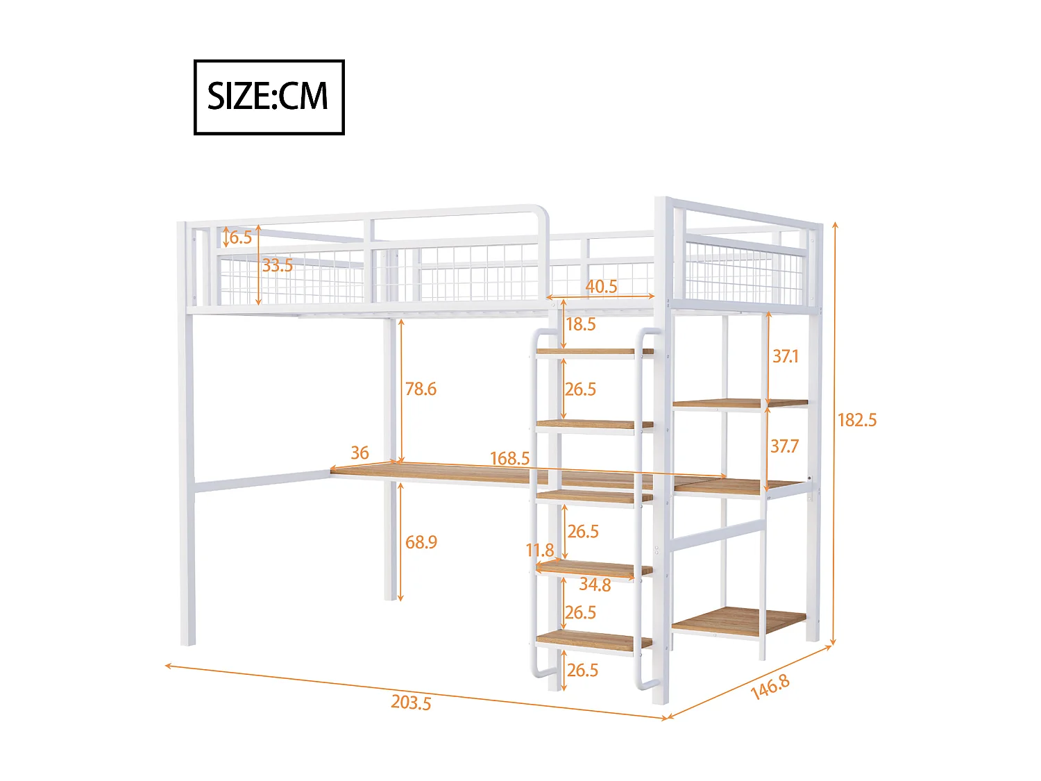 Cama alta de metal 140x200 cm - con escritorio y escalera de seguridad - Blanco