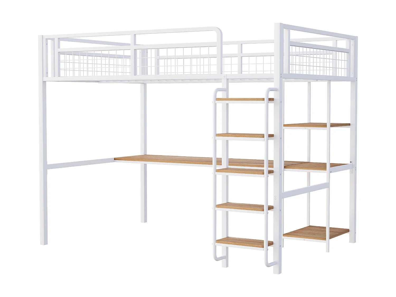 Cama alta de metal 140x200 cm - con escritorio y escalera de seguridad - Blanco