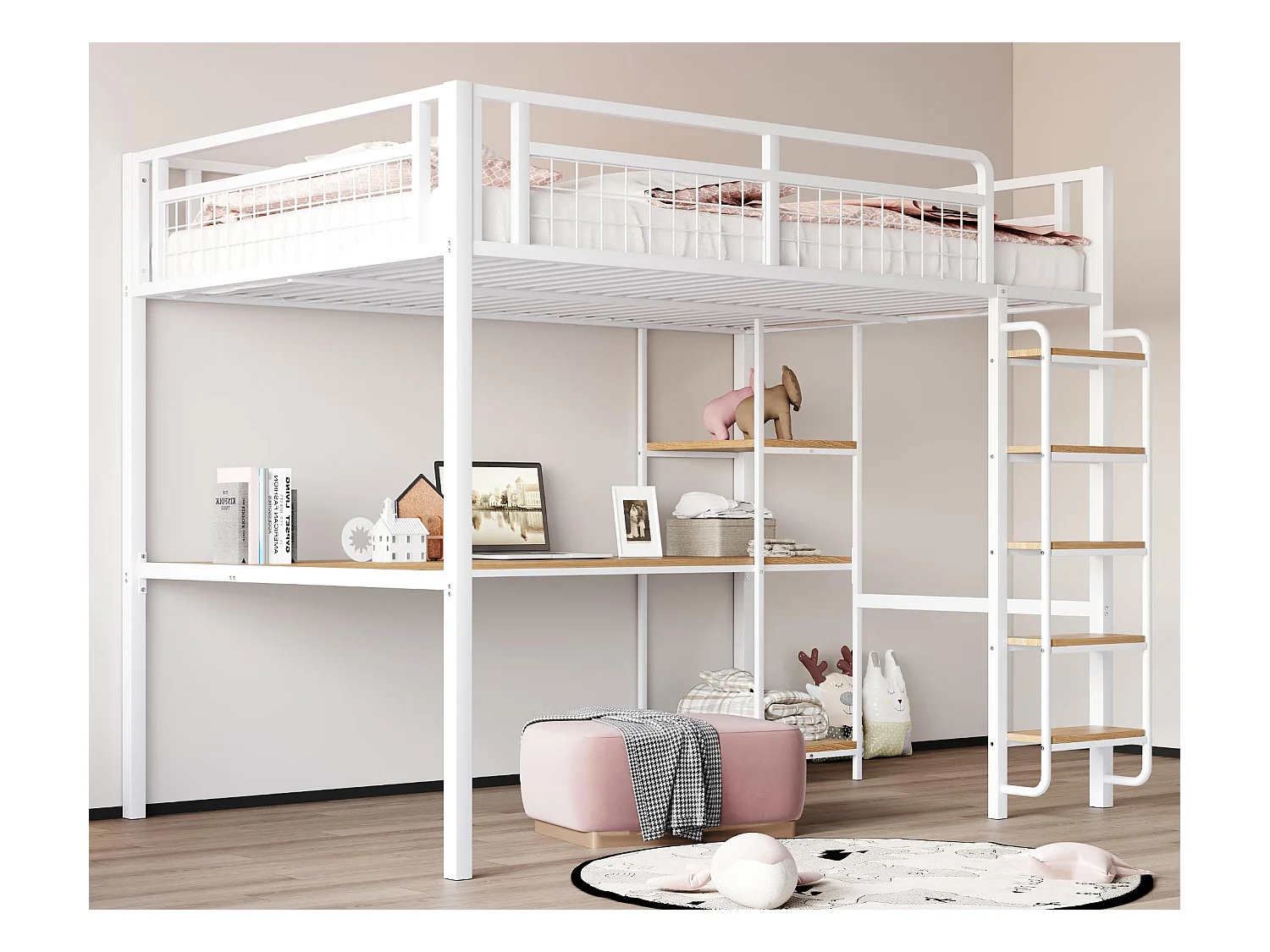 Lit mezzanine en métal 140x200 cm - avec bureau et échelle de sécurité - Blanc