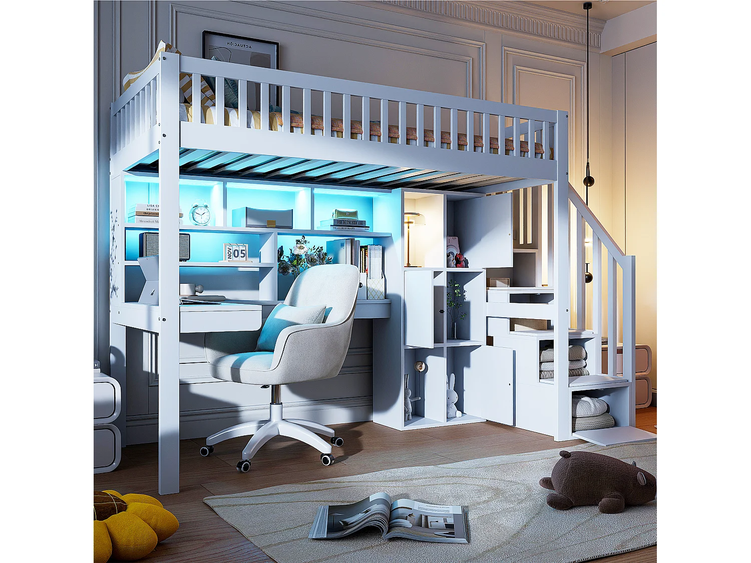 Lit mezzanine 90x200 cm en bois - bureau avec LED et rangemets & échelle de rangement - Blanc