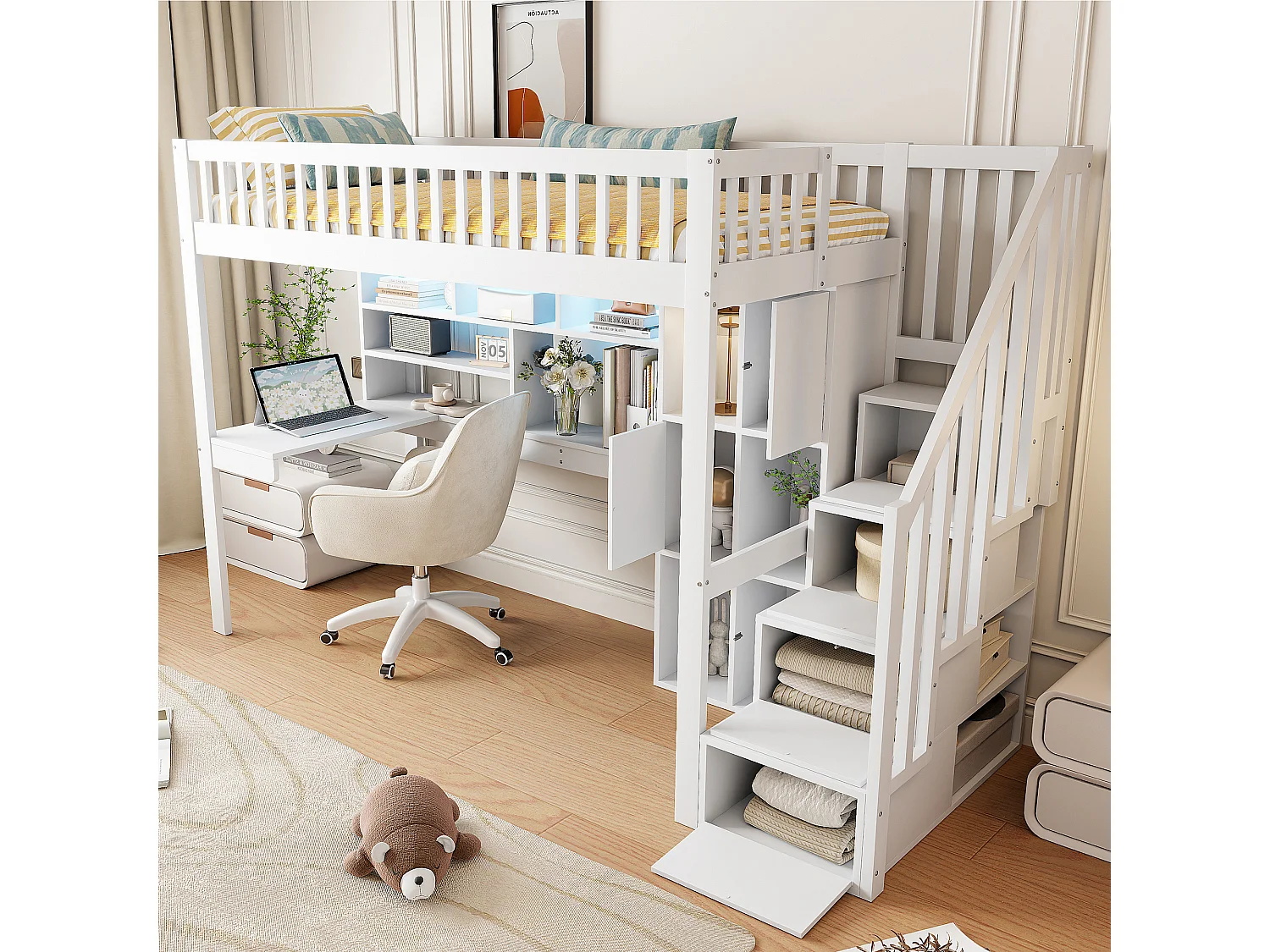 Lit mezzanine 90x200 cm en bois - bureau avec LED et rangemets & échelle de rangement - Blanc