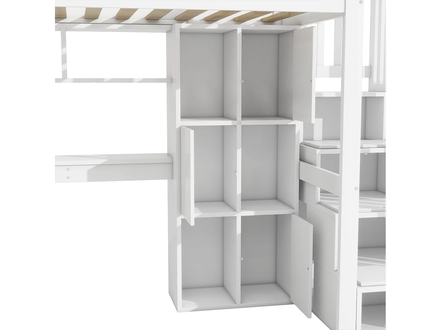 Lit mezzanine 90x200 cm en bois - bureau avec LED et rangemets & échelle de rangement - Blanc